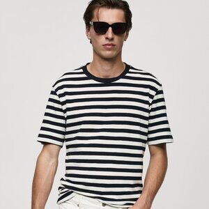 Stunning Contrast Dark Navy White Mango 100% Cotton Regular-fit Striped T-shirt
